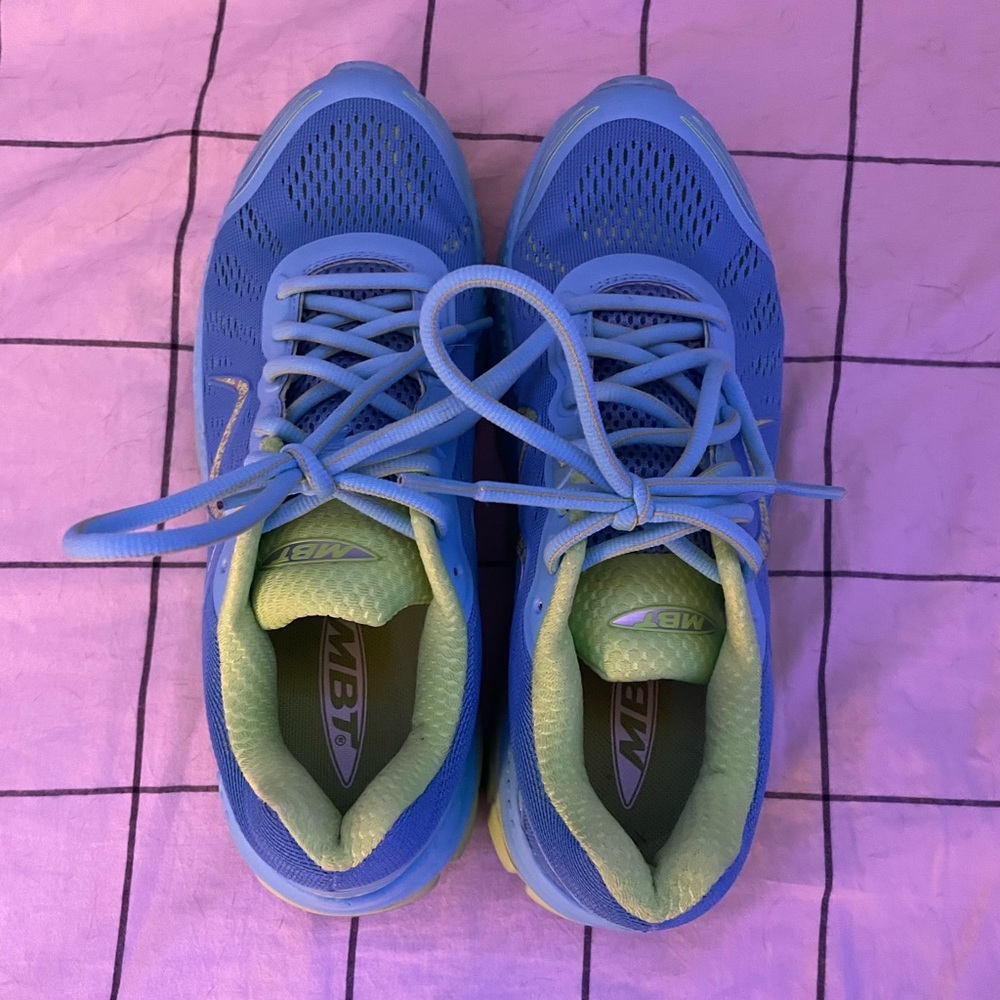 Green and blue MPT tennis shoes